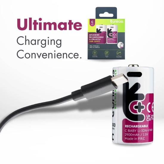 Uniross USB-C C/HR14 Genopladelige Lithiumbatterier 3000mAh, 2 stk.