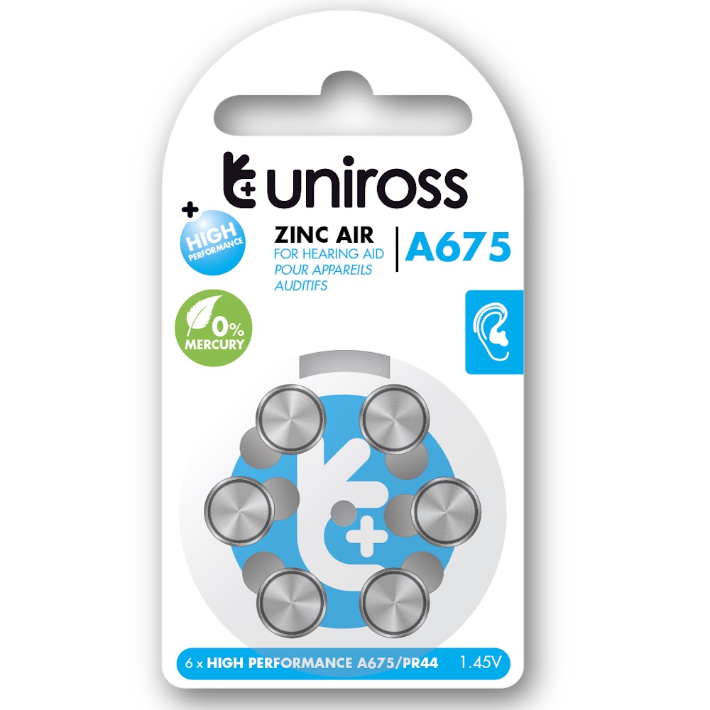 Uniross A675 Knapcellebatterier til høreapparat 540mAh, 6 stk.