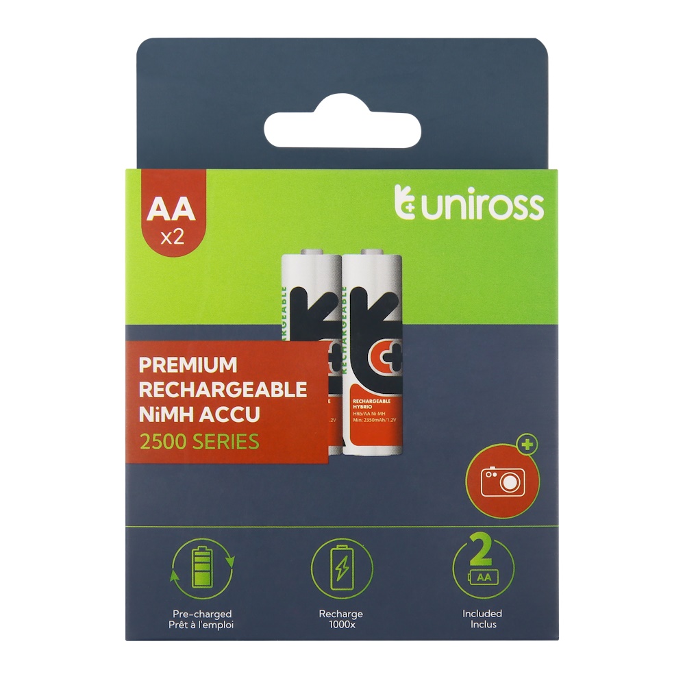Uniross Ni-MH AA / HR06 Genopladelige Batterier 2500mAh, 2 stk.