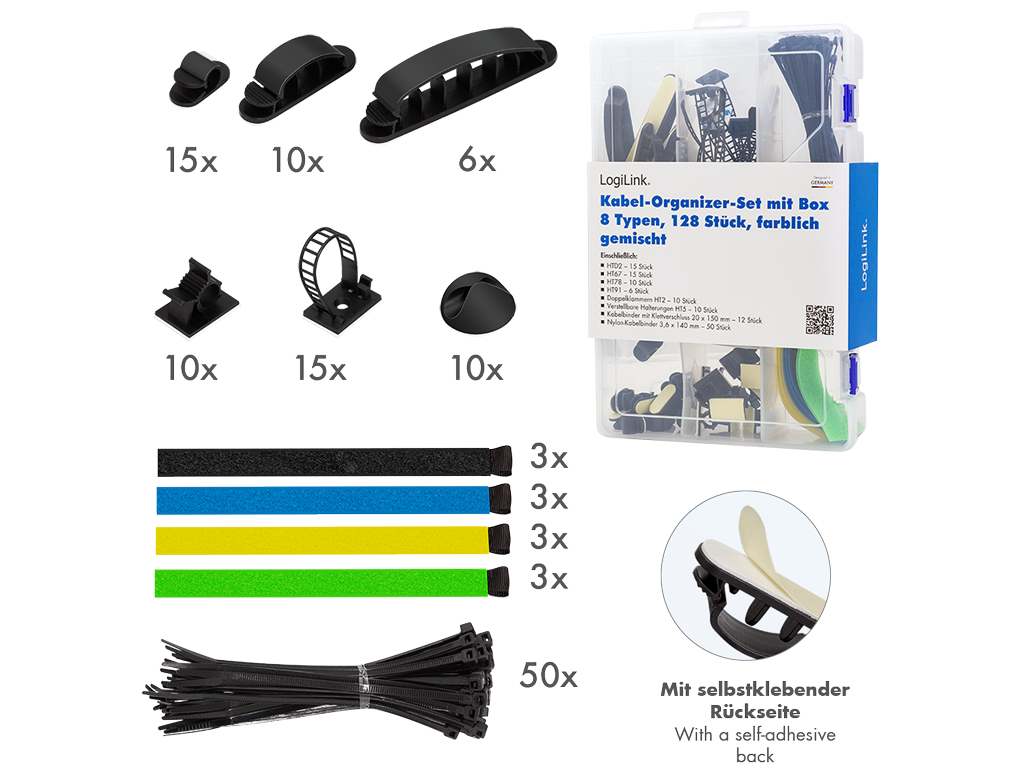 LogiLink kabel organiserings sæt 128 stk.
