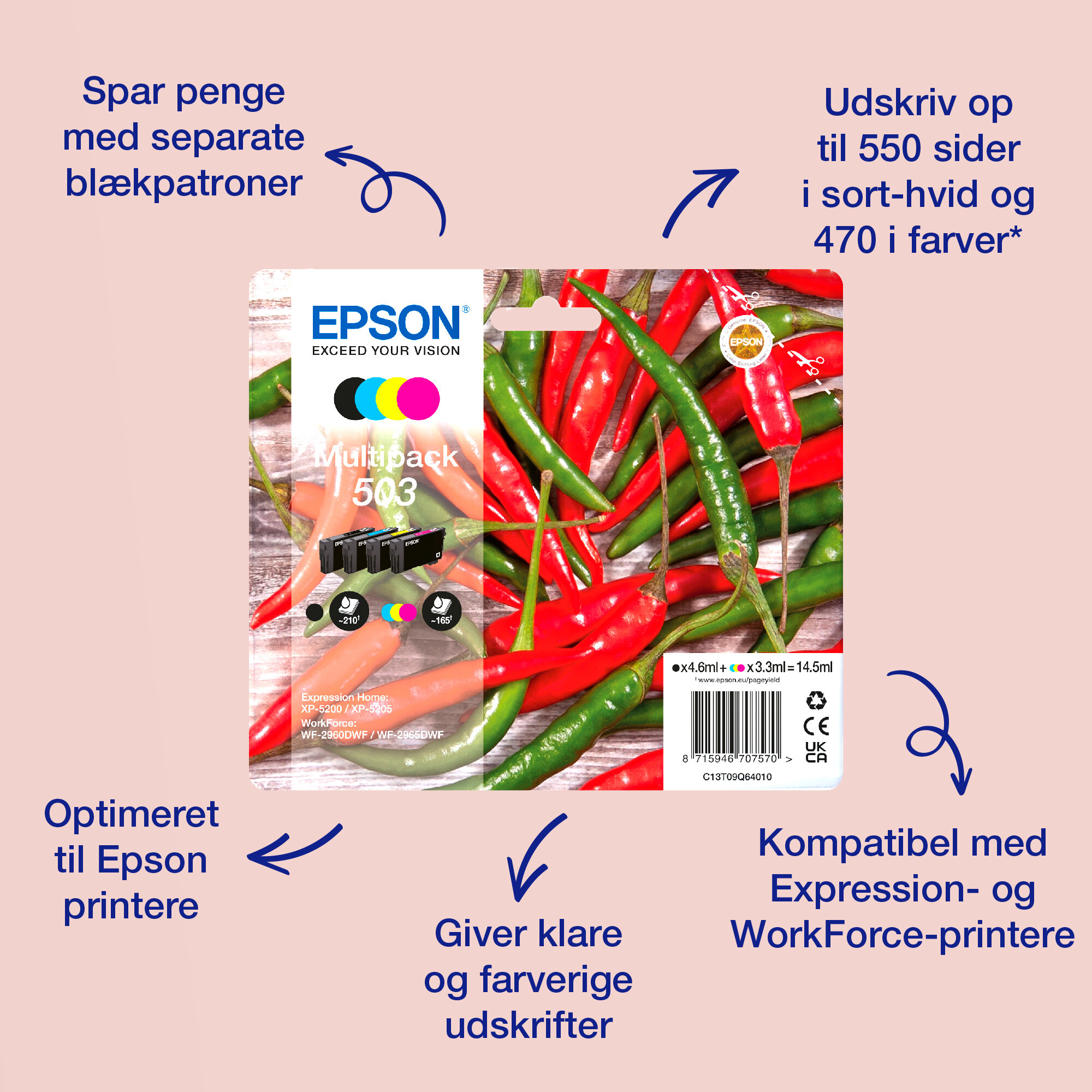 Epson 503XL Multipack Sort Gul Cyan Magenta Blæk C13T09R64020