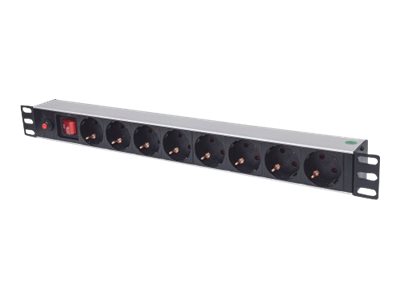 Intellinet 19 1U Rackmount 8-Way Power Strip - German Type, With On/Off and Overload Protection, 3m Power Cord (Euro 2-pin plug) Stikdåse 8-stik 16A Sort 3m