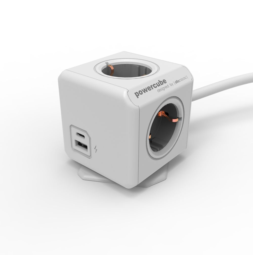 Allocacoc Powercube, Extended USB A+C, 4xDosen(CEE7)->Stecker(CEE7), 1,5m, weiss/grau