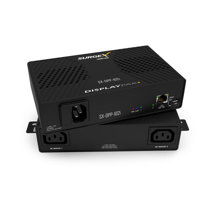 SurgeX DisplayPak+ IP Controlled Power Management, 10A / 240V, 2x IEC C13, Slim Smart PDU with Multi-Stage Power Protection