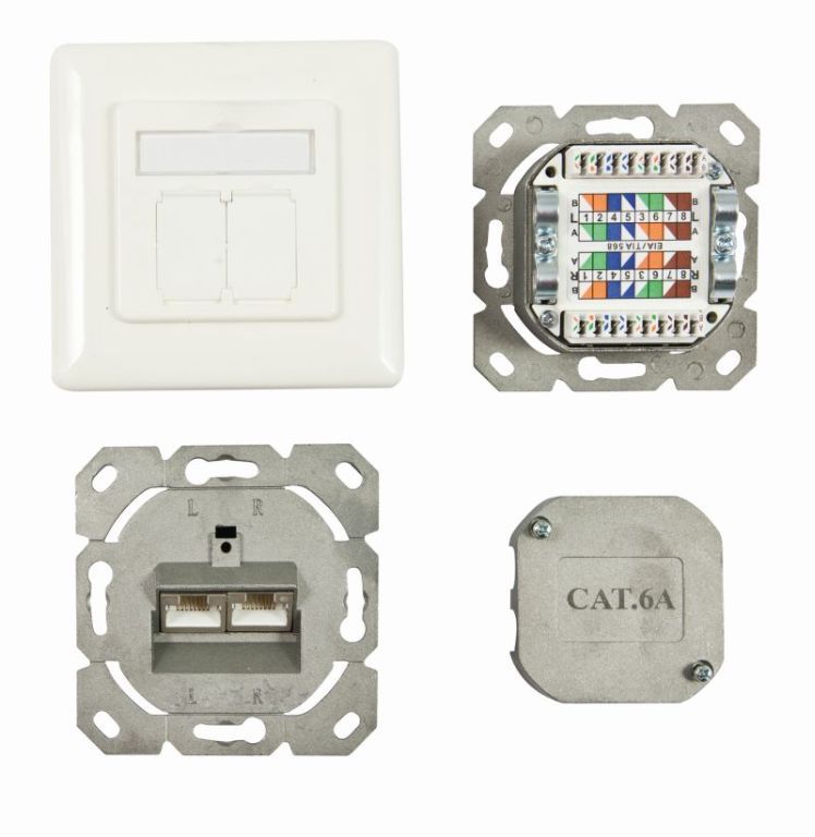 Dosen TP, UP, 2-fach, CAT6A, 500Mhz, Reinweiss, LSA, Synergy 21, waagrechter hinterer Kabeleingang