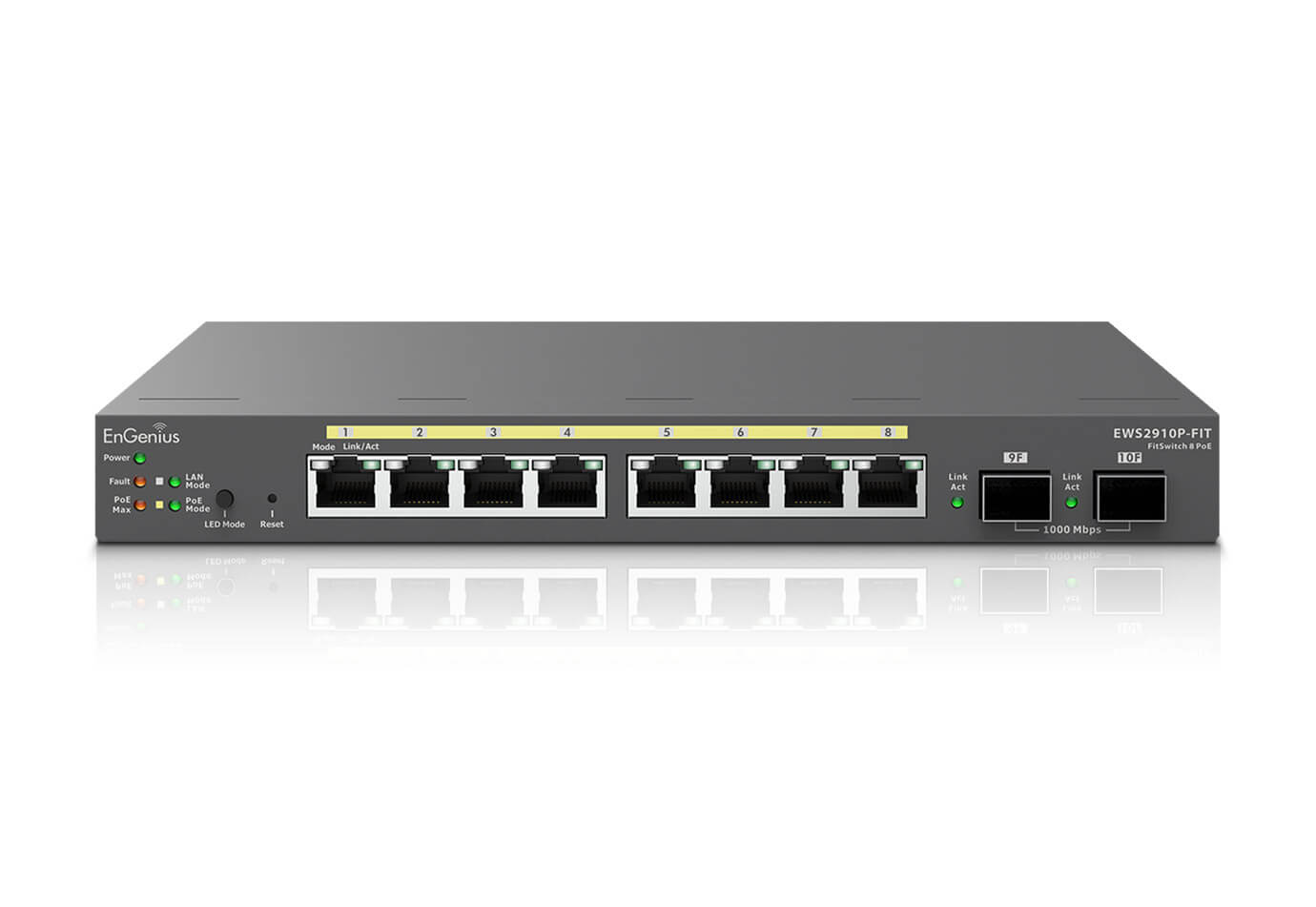 EnGenius Switch fully managed Layer 2+ 10 Port • 8x 1 GbE • PoE Budget 110W • 8x PoE at • 2x SFP • Desktop Switch • Fanless • EWS2910FP-FIT • FitCon/FitXpress