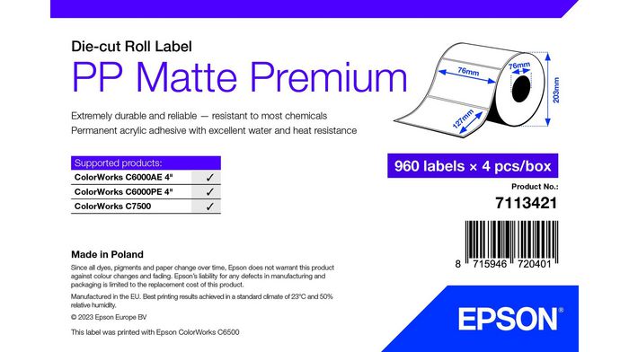Epson  PP Matte Label Premium, Die-cut Roll, 76mm x 127mm, 960 Labels