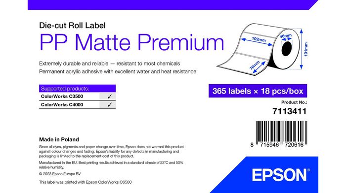 Epson  PP Matte Label Premium, Die-cut Roll, 102mm x 76mm, 365 Labels