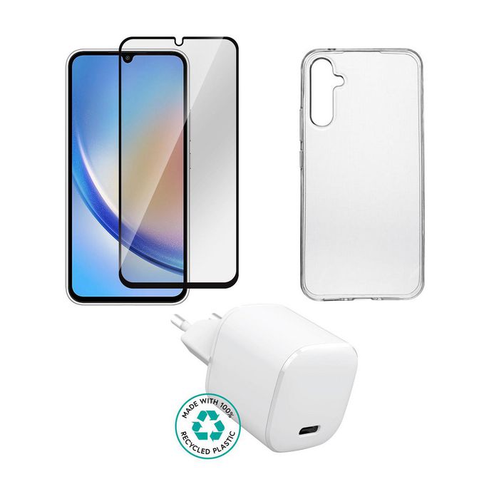 eSTUFF Kit for Samsung Galaxy A14. Charger, Cover, Glass. Brown Box.