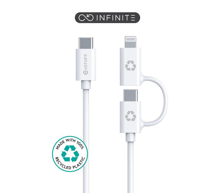 eSTUFF INFINITE Super Soft 2-in-1 USB-C to USB-C/Lightning Cable MFI 1m White - 100% Recycled Plastic