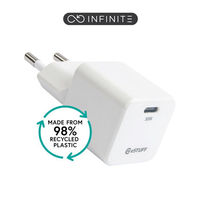 eSTUFF INFINITE USB-C Charger EU PD 30W GaN. - White - 98% Recycled Plastic