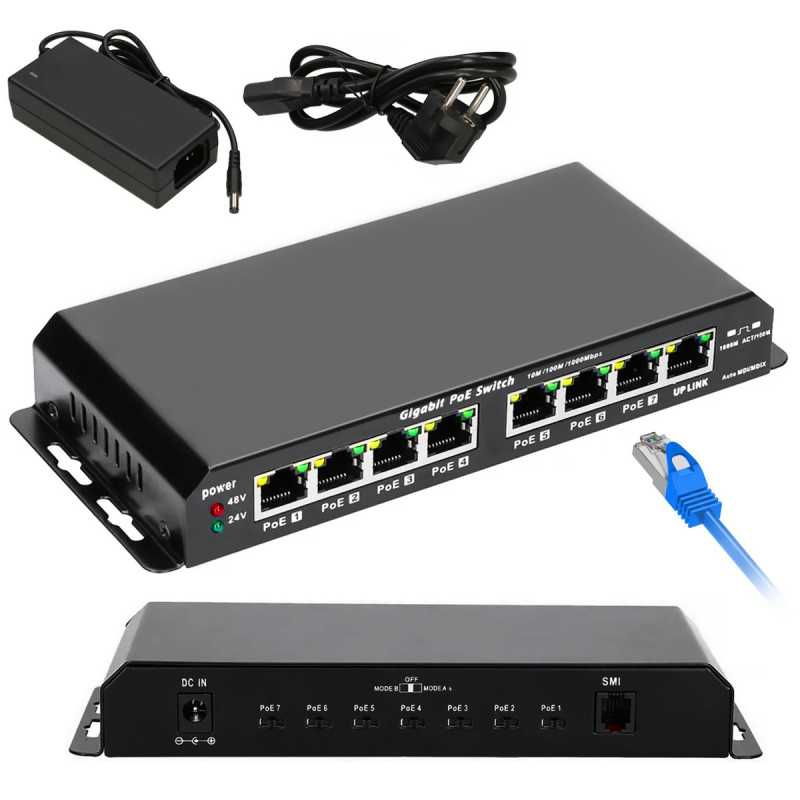 Extralink KRATOS | Switch PoE | 7x Gigabit PoE, 1x Uplink RJ45, Power supply 24V 2.5A, Power 60W