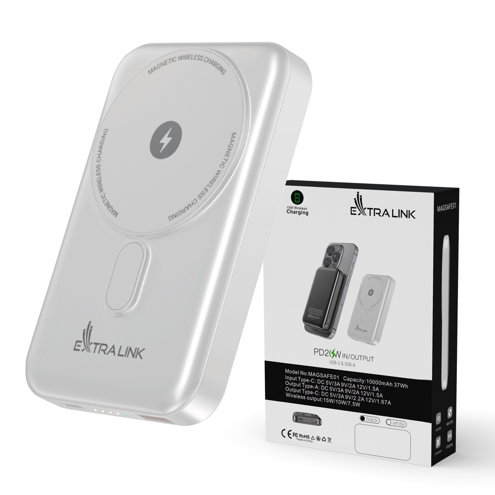 EXTRALINK MAGSAFE POWERBANK 10000MAH 38.5WH PD20W+15W USB-C USB-A BIALY