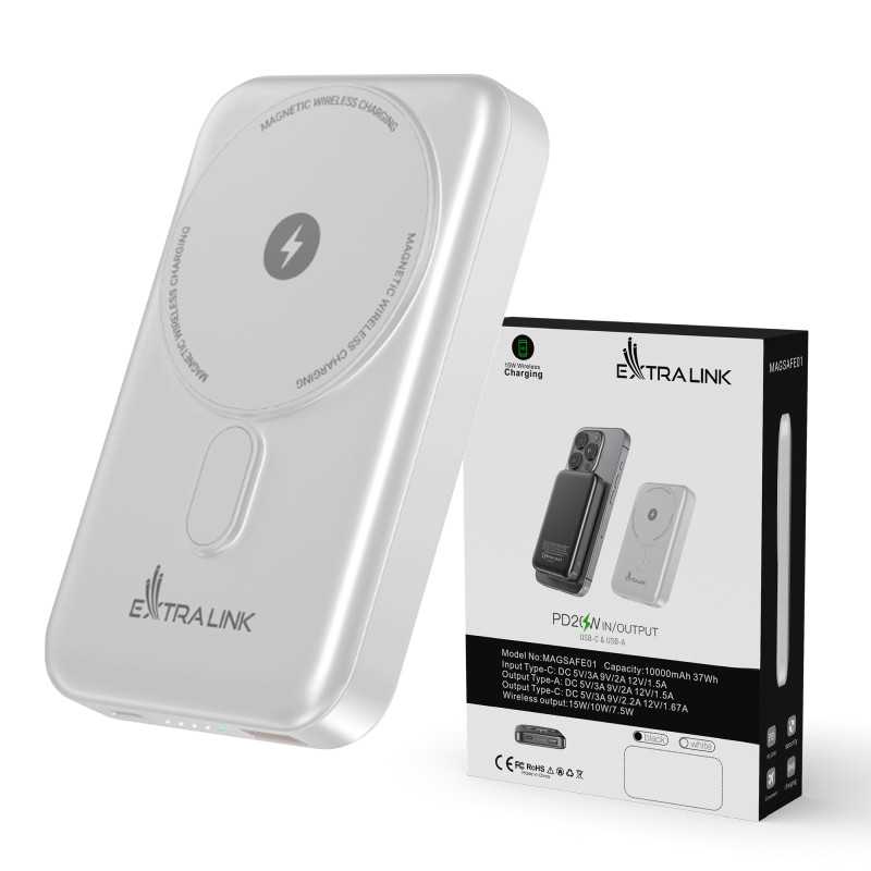 Extralink MagSafe 10000mAh White | Powerbank | Power bank, 38.5Wh PD20W+15W USB-C USB-A