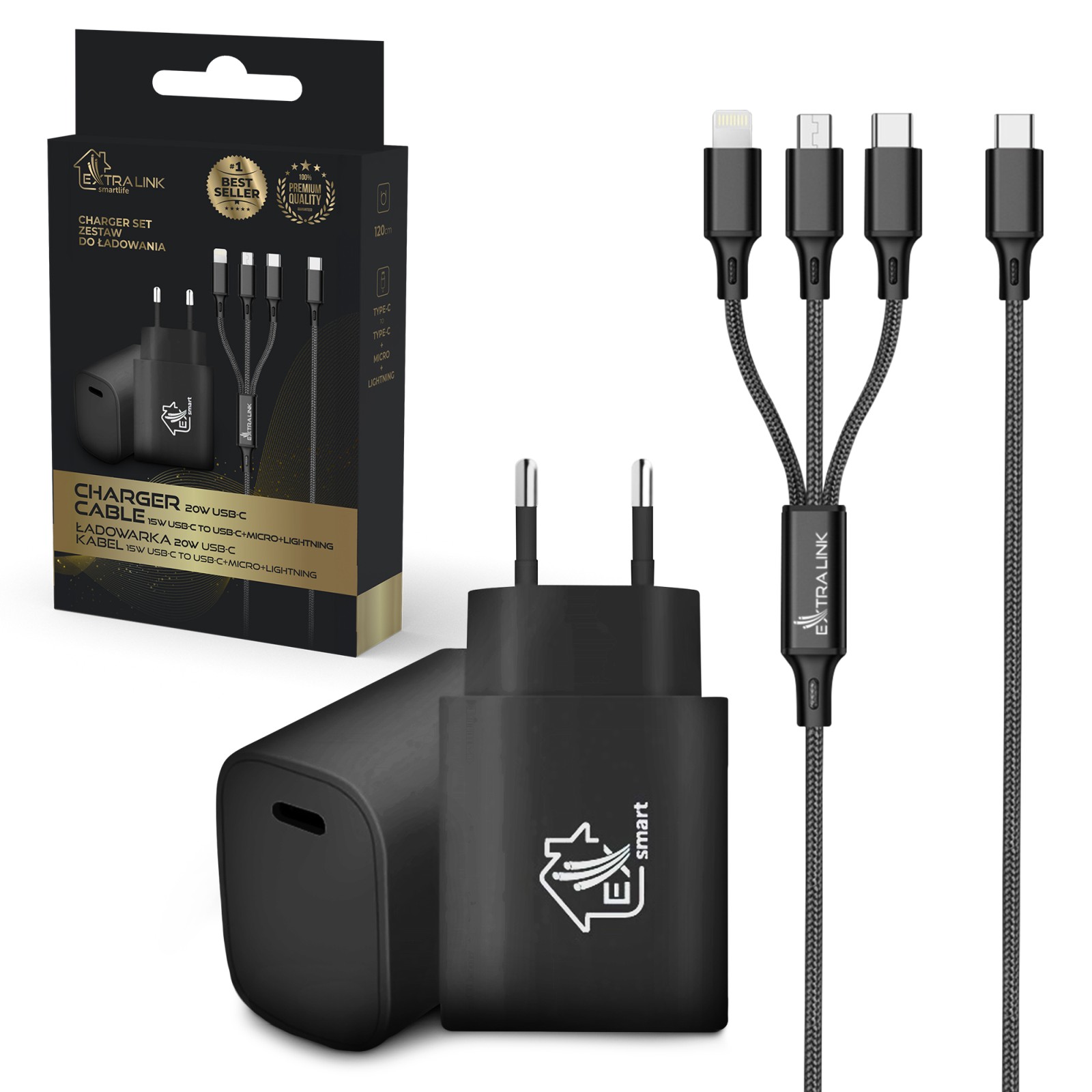 EXTRALINK SMART LIFE SET03 CABLE 3 in 1 + CHARGER 12W, 120CM / 20W PD3.0 5V/3A 9V/2.2A 12V 1.67A (BLACK)
