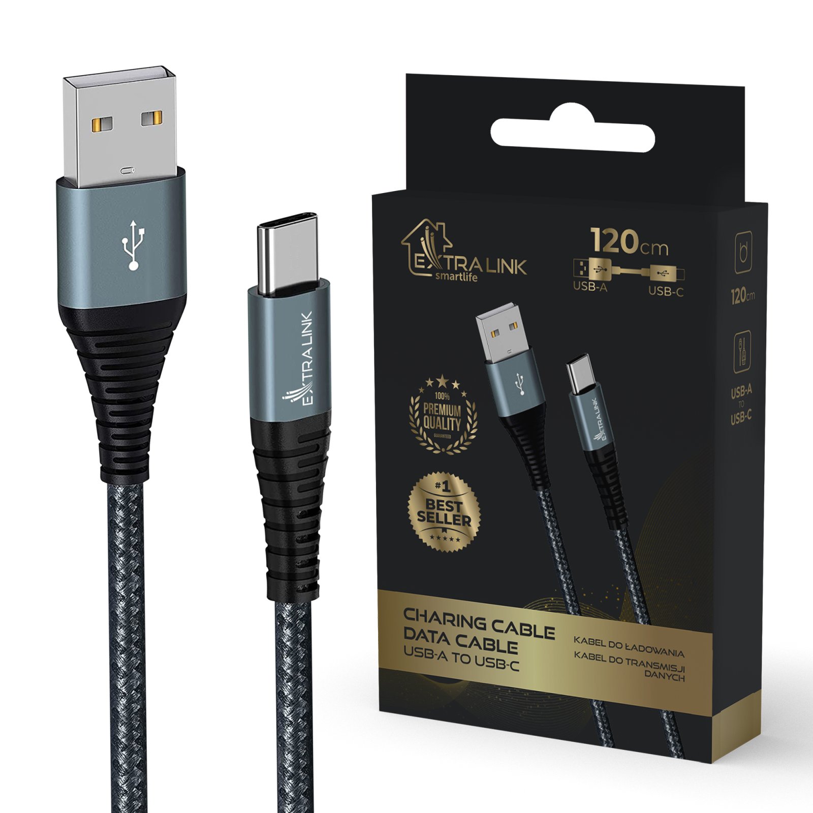 Extralink Smart Life 15W, Usb-A To USB-C, 120Cm, nylon Braided, 5V 2.4A/3A, czarny