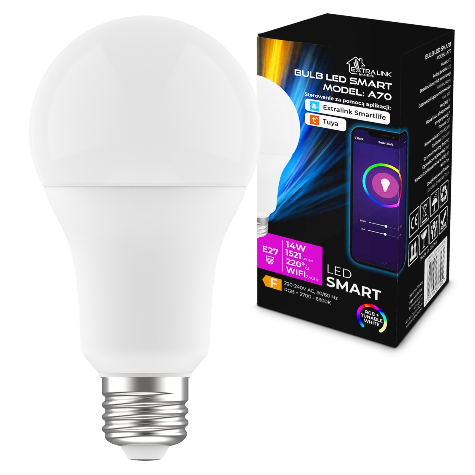 Extralink Smartlife E27 A70 Zarówka LED 2700-6500k WiFi 220-240V