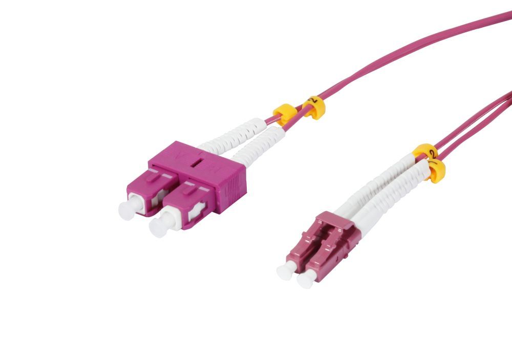 Fiber optic 2-fiber patch kit. 0.5mtr.LC-SC, 50/125um,OM4, AD=2mm, flexible anti-kink sleeve, Synergy 21