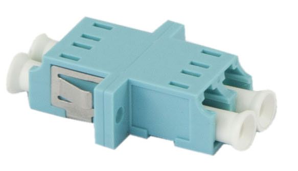 Fiber optic coupling, LC socket/LC socket, 50/125u multimode OM3, aqua, duplex, PVC, with flange, Synergy 21