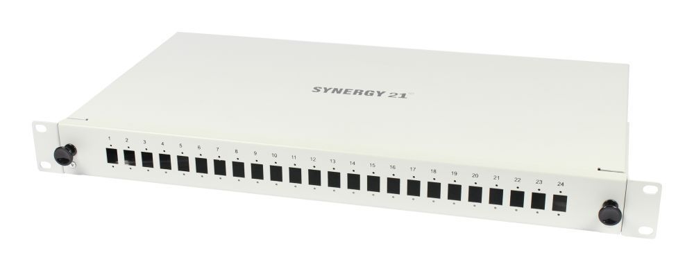 Fiber optic patch panel for 24xLC/LSH(E2000) duplex sockets, 19"/1U, without couplings, light gray, Synergy 21