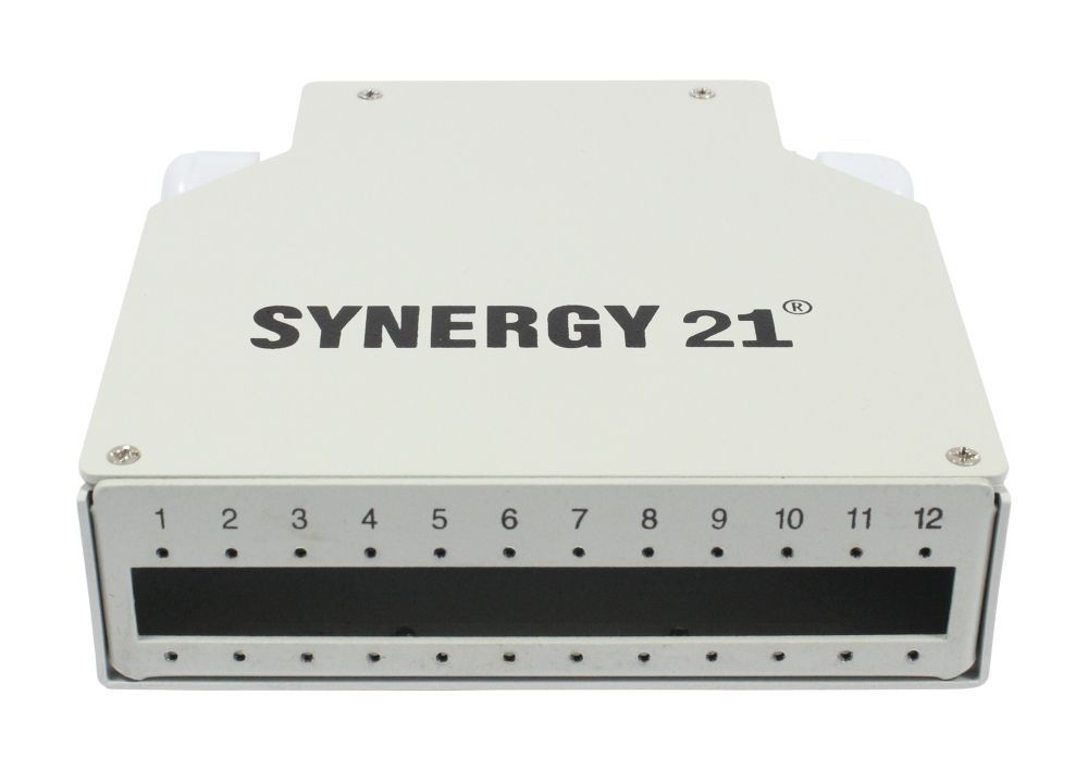 Fiber optic patch panel for DIN rail (DIN), 12xLC duplex/SC simplex sockets, without couplings, light gray, Synergy 21