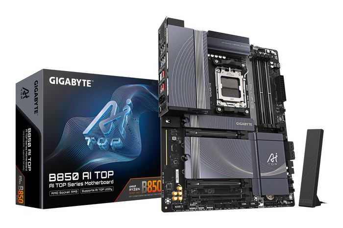 Gigabyte B850 AI TOP Motherboard - AMD Ryzen 9000 Series CPUs, 16+2+2 Phases Digital VRM, up to 8600MHz DDR5 (OC), 2xPCIe 5.0 + 1xPCIe 4.0 M.2, 10 LAN, WIFI 7, USB 3.2 Gen 2x2