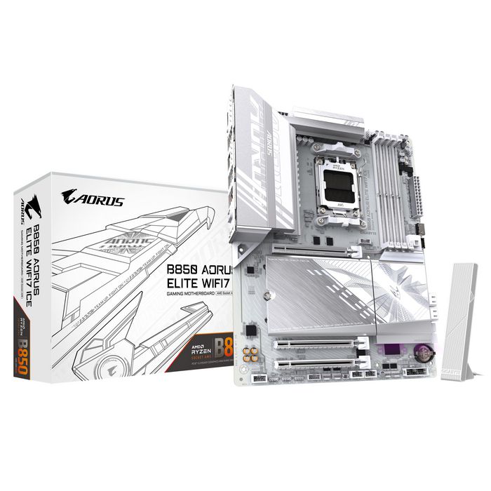 Gigabyte B850 AORUS ELITE WIFI7 ICE Motherboard - AMD Ryzen 9000 Series CPUs, 14+2+2 Phases Digital VRM, up to 8200MHz DDR5 (OC), 1xPCIe 5.0 + 2xPCIe 4.0 M.2, 2.5 LAN, WIFI 7, USB 3.2 Gen 2x2