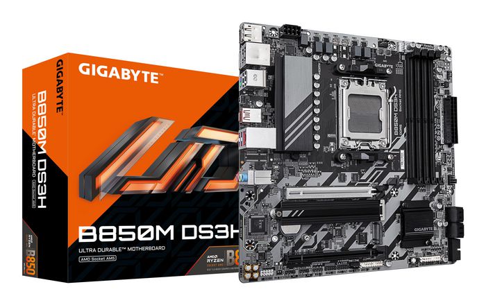 Gigabyte B850M DS3H Motherboard - AMD Ryzen 9000 Series CPUs, 16+2+2 Phases Digital VRM, up to 8200MHz DDR5 (OC), 1xPCIe 5.0 + 1xPCIe 4.0 M.2, 2.5 LAN, USB 3.2 Gen 2