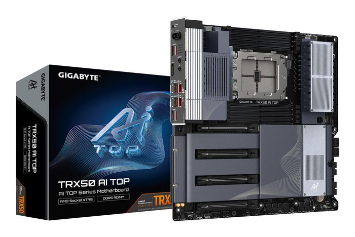 Gigabyte TRX50 AI TOP Motherboard - Supports AMD Ryzen PRO 7000 CPUs, 16+8+4 Phases Digital VRM, up to 5200MHz DDR5 (OC), 4xPCIe 5.0 + 4xPCIe 4.0 M.2, Wi-Fi 7, 10GbE LAN, USB 3.2 Gen 2x2