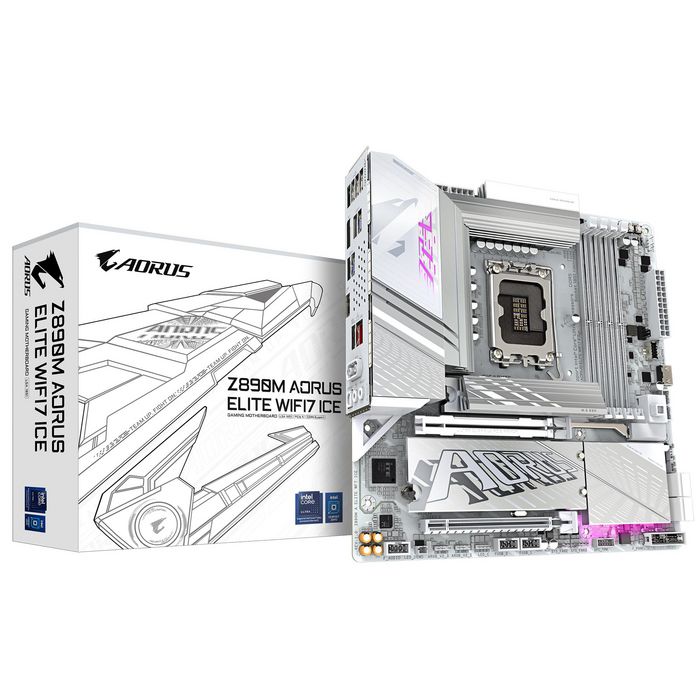 Gigabyte Z890M AORUS ELITE WIFI7 ICE Motherboard - Supports Intel Core Ultra (Series 2) CPUs, 12+1+2 phases VRM, up to 8800MHz DDR5 (OC), 1xPCIe 5.0 + 2xPCIe 4.0,  Wi-Fi 7, 2.5GbE LAN, USB 4