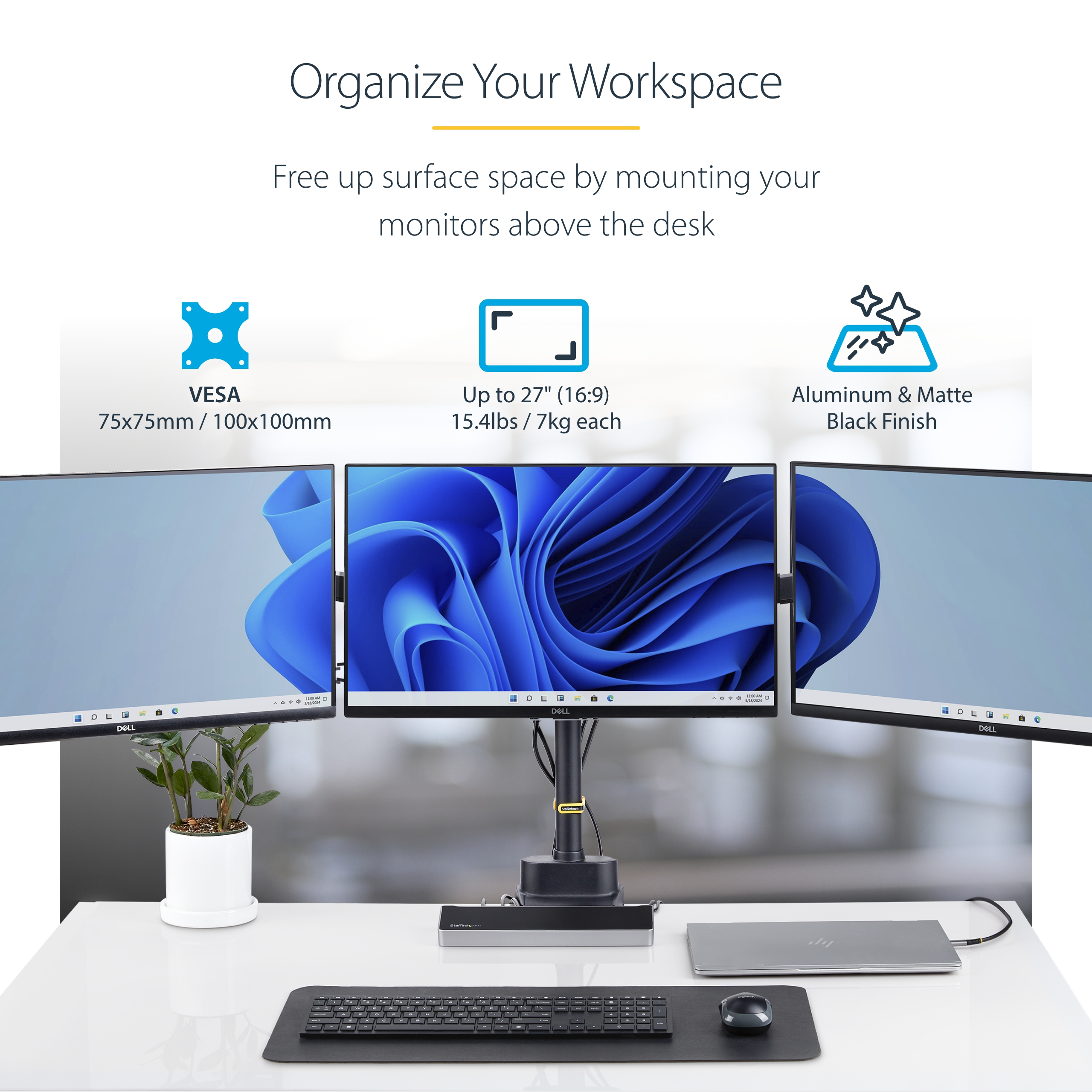 Startech Triple Monitor Desk Mount For Up To Three 27in Screens, VESA 75x75/100x100, Tool-Less Arm Adjustments, C-Clamp/Grommet Mount, Spring-Assisted Arms monteringssæt - justerbar arm - for 3 LCD skærme - sort
