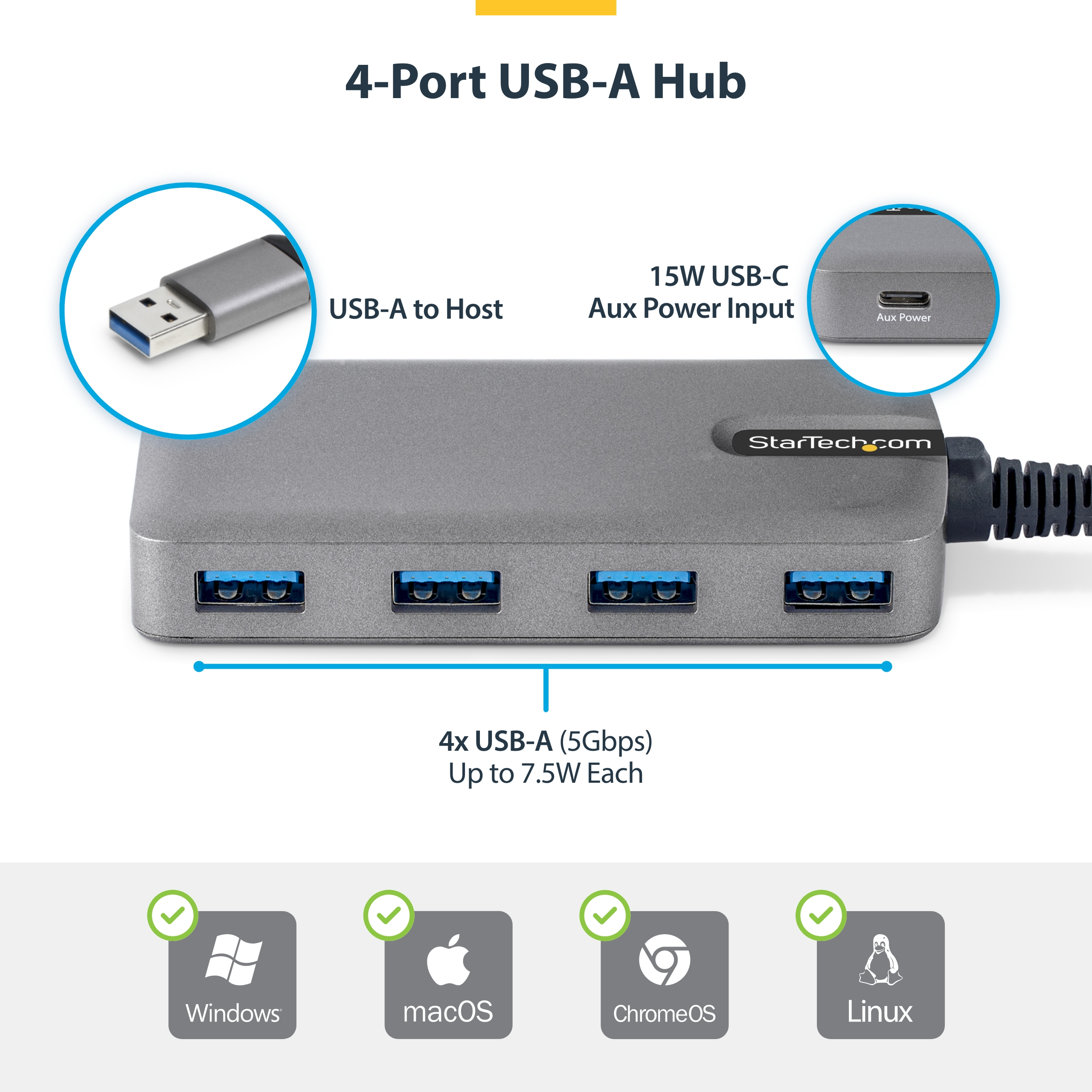 4-Port USB-A Hub 5Gbps Bus Powered
