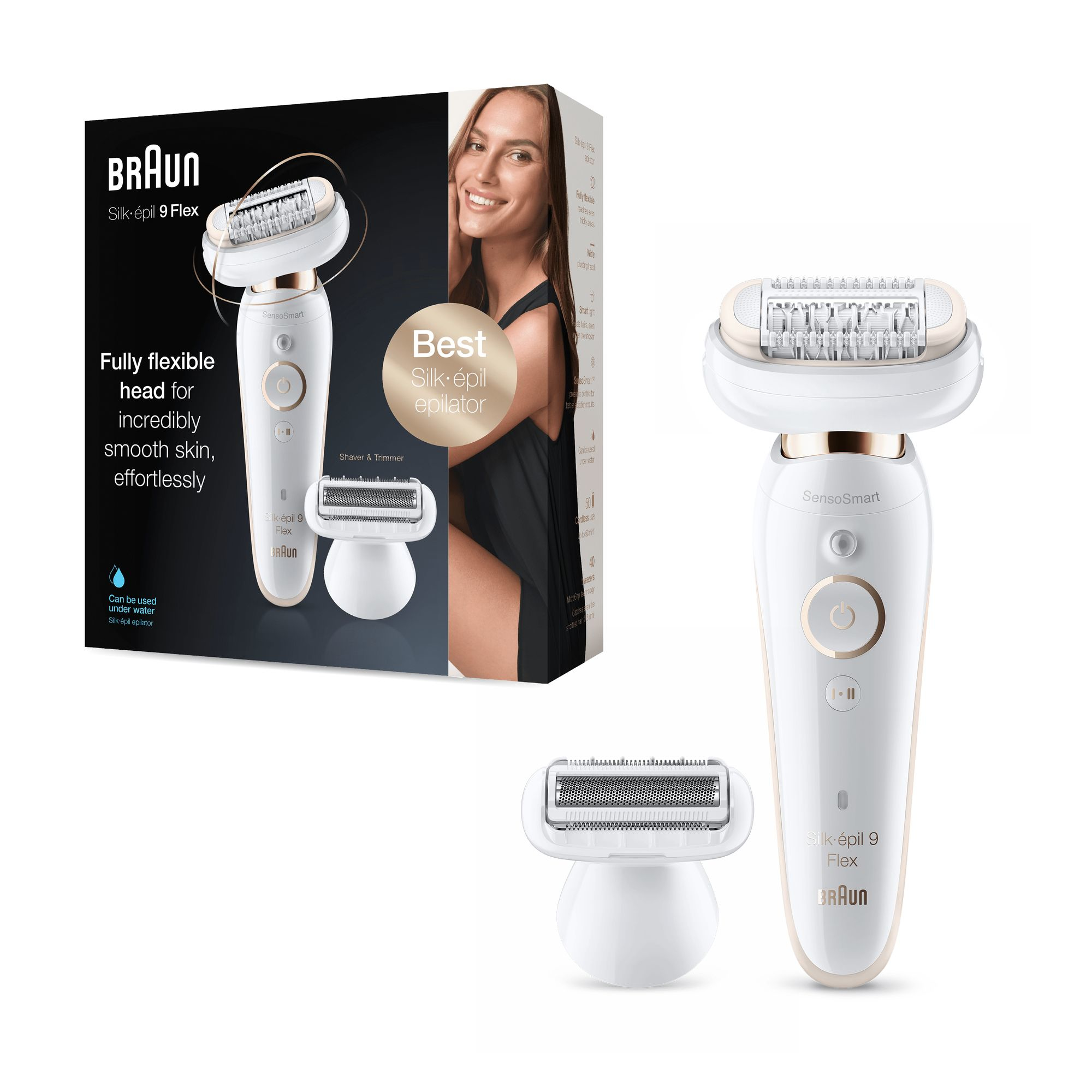 Braun Epilator Silk-epil 9 Flex SES9002 Operating time (max) 40 min Bulb lifetime (flashes) Not applicable Number of power levels 2 Wet & Dry White/Gold