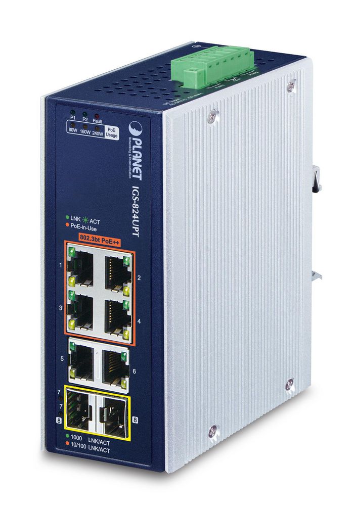 Planet Industrial 4-Port 10/100/1000T 802.3bt PoE + 2-Port 10/100/1000T + 2-Port 100/1000X SFP Gigabit Ethernet Switch