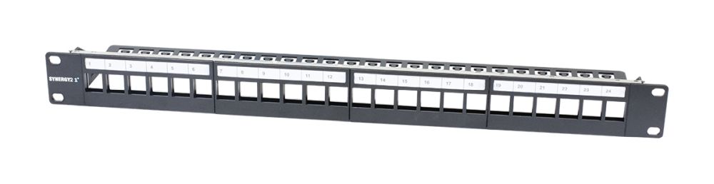 Keystone, module carrier, 19" patch panel for 24xTP module, 1U (t 94mm), black, V3, Synergy 21