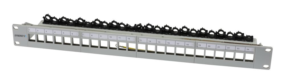 Keystone, module carrier, 19" patch panel for 24xTP module, 1U (t 94mm), light gray, V4 with cable clamp, Synergy 21