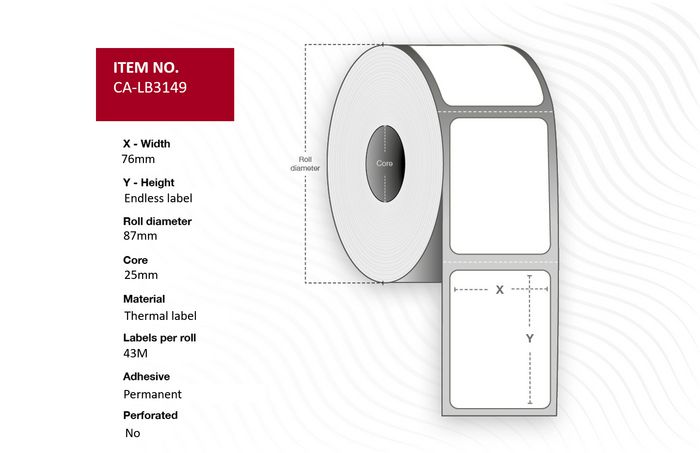 Capture Label 76mm x contentious, 43M length Core 25, Diameter 87 mm. Thermal label. 43M label per roll. 32 rolls per box.