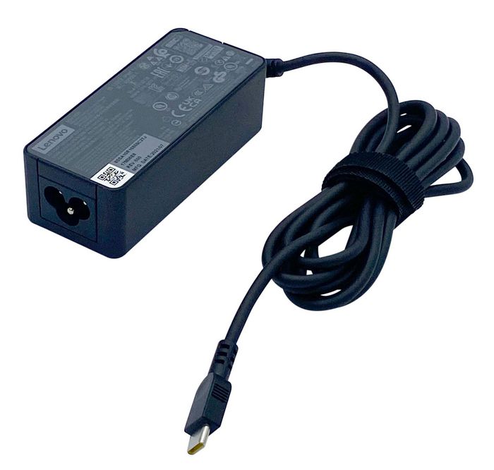 Lenovo USB Type-C AC adapter with 45W power rating, multiple output voltages (5V, 9V, 15V, 20V), lightweight design.