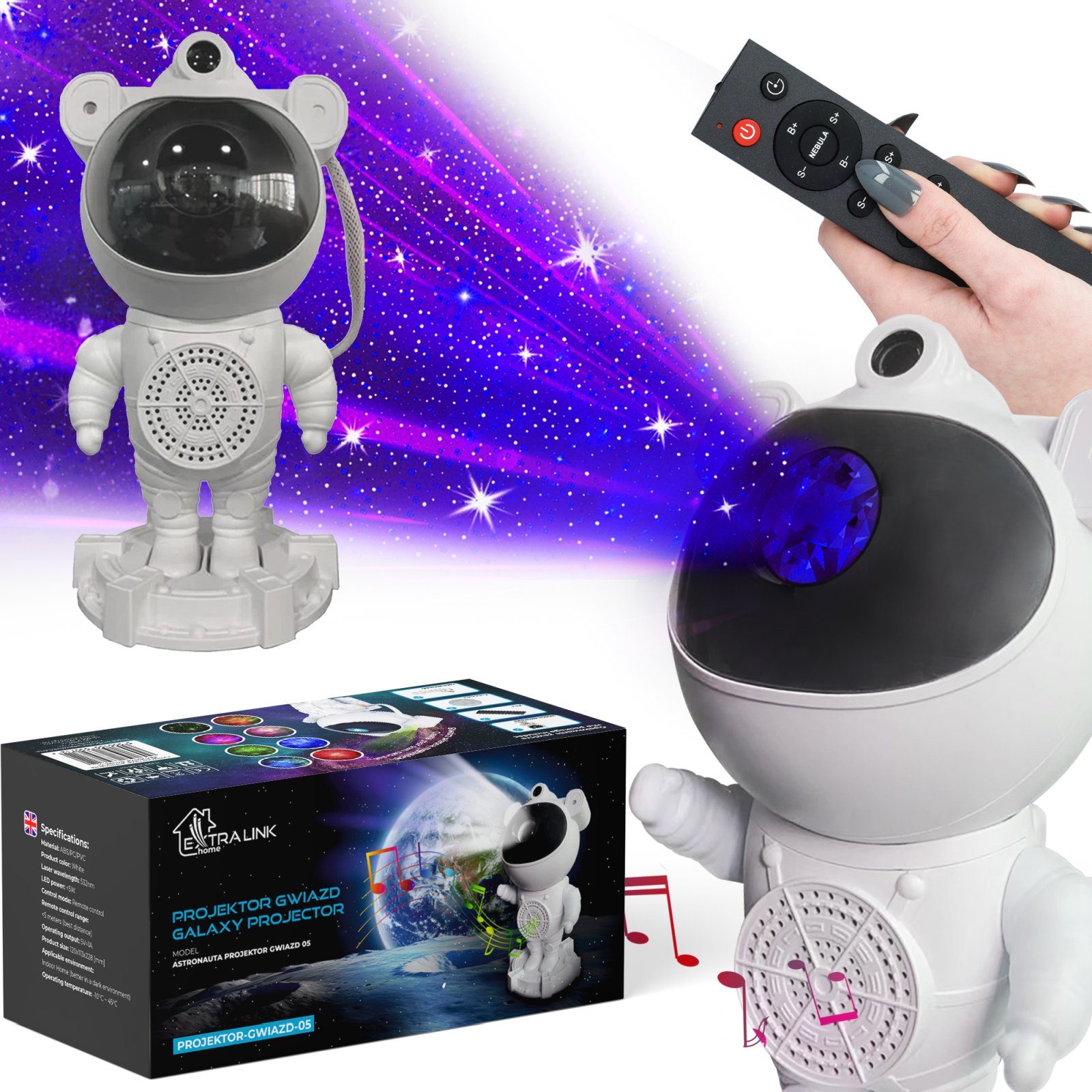 Extralink Home Projektor gwiazd z glosnikiem Lampka nocna, rzutnik, glosnik Bluetooth dla dzieci, astronauta
