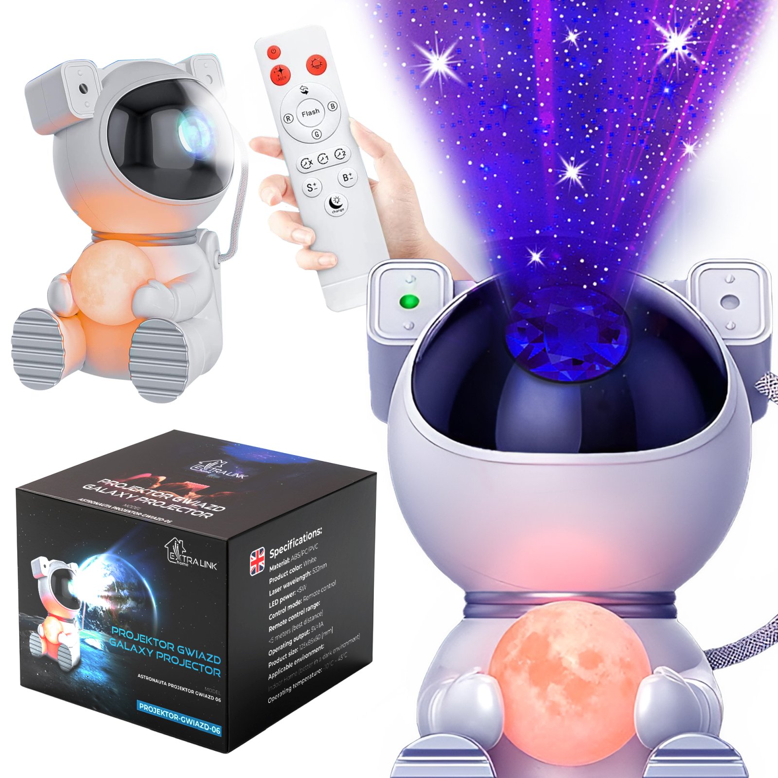 Extralink Home Projektor gwiazd z ksiezycem Lampka nocna, rzutnik, swiecacy ksiezyc dla dzieci, astronauta