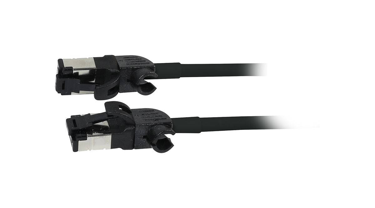 Patch cable RJ45, CAT6A 500Mhz, 1.0m, black, S/FTP, slimline round d=4.5mm, TPE/LSZH (Superflex), AWG28, with CAT7 raw cable, rotatable plug, Synergy21