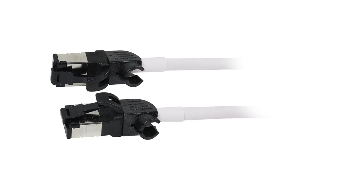Patch cable RJ45, CAT6A 500Mhz, 1.0m, white, S/FTP, slimline round d=4.5mm, TPE/LSZH (Superflex), AWG28, with CAT7 raw cable, rotating plug, Synergy21