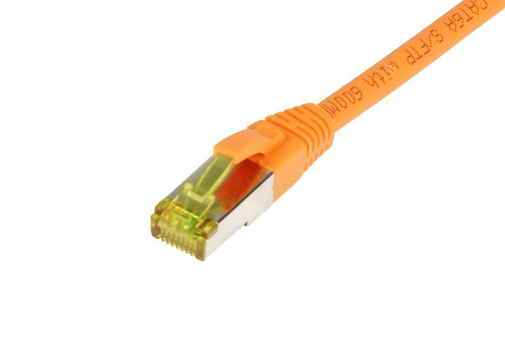 Patchkabel RJ45, CAT6A 500Mhz, 15m, orange, S-STP(S/FTP), TPE/LSZH(Ultraflex), AWG26, mit CAT7 Rohkabel, Synergy 21