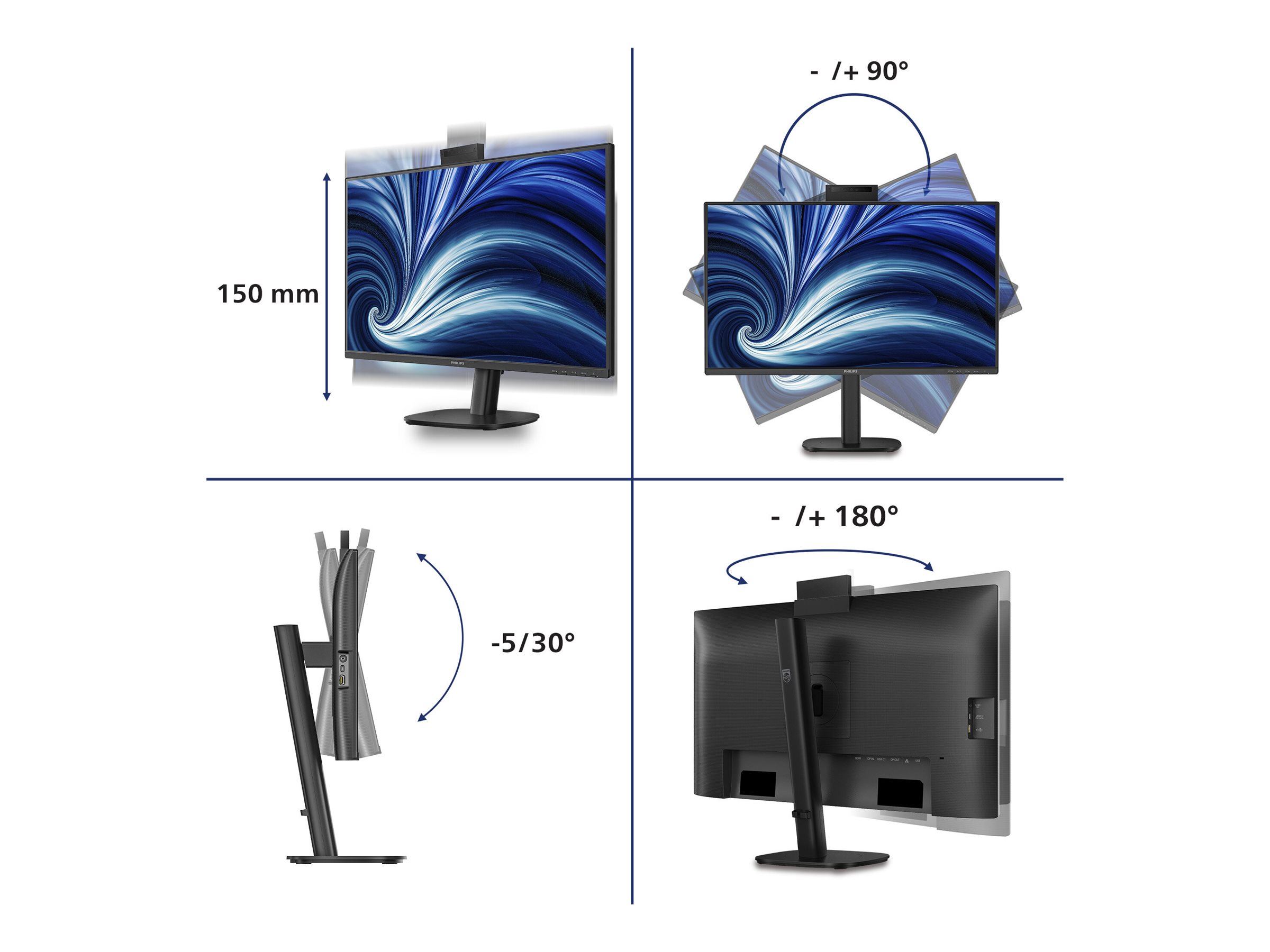 PHILIPS 27inch 2560x1440 120Hz IPS Flat H/A 150 MM USB C DOCKING DISPLAY 90W Daisy chain with 27B2N3500J Smart Link Sync