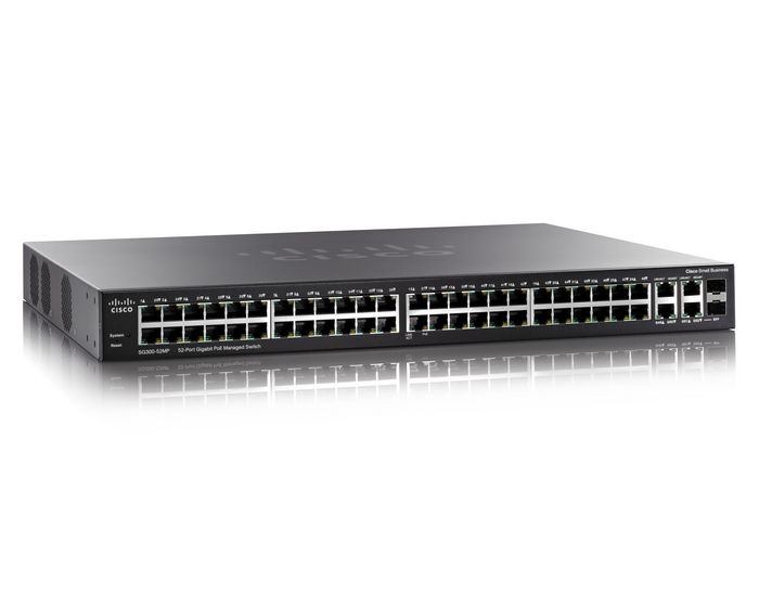 Cisco The Cisco SG300-52MP switch is an affordable 52-port managed 10/100/1000 switch, including two combination mini-GBIC ports and Maximum Power over Ethernet (PoE+). It boosts network performance and includes a limited lifetime warranty with next-business-day advance replacement.