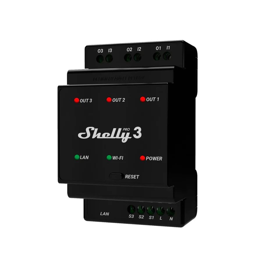 Shelly · DIN rail · "Pro 3" · Relay · max. 48A · 3 phases · 3 channels · WLAN · LAN · BT
