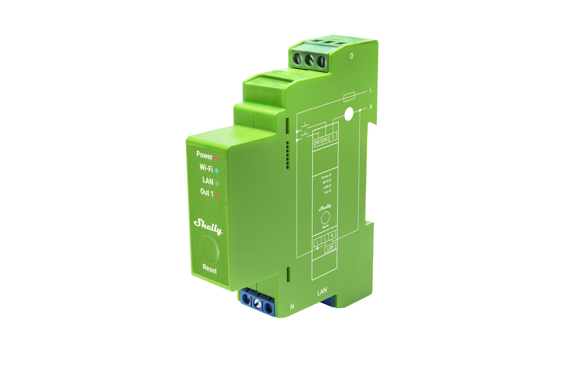 Shelly · DIN rail · "Pro Dimmer 1PM" · LEDs & light bulbs · 1 channel · Measuring function · WLAN · LAN · BT