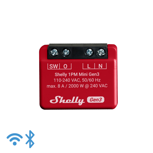 Shelly · Flush-mounted · "1PM Mini Gen. 3" · Relay · max 8A · 1 channel · Measuring function · WLAN · BT