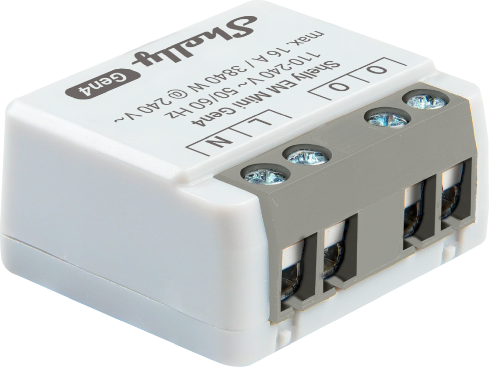 Shelly · Unterputz · \"EM Mini Gen4\" · Relay · max 8A · 1 channel · WLAN · Matter · Zigbee · Bluetooth
