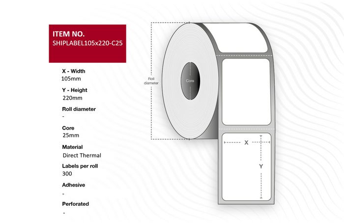 Capture Ship-label 105 x 220mm, Core 25mm. Direct Thermal, 300 labels per roll, 9 rolls per box. Ideal for DHL, DB Schenker, UPS, DSV & Postnord